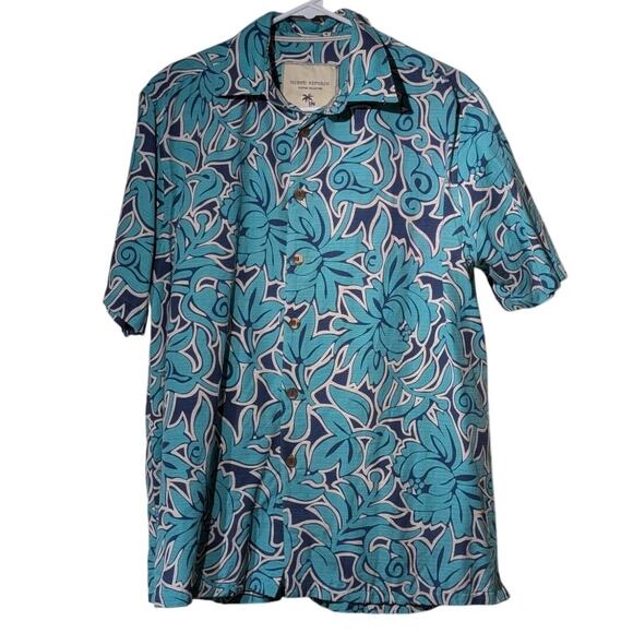 Island Republic Teal Navy Tropical Print Silk Button Front Shirt Men's Sz M - Picture 10 of 10